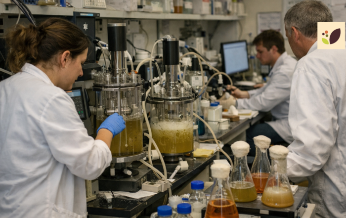 Scientists working with fermentation processes in a laboratory using glass bioreactors and flasks, showcasing microbial protein production in a realistic research environment
